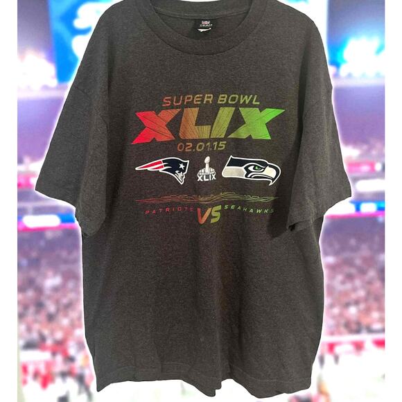 NFL Team Apparel Super Bowl XLIX Patriots vs Seahawks T-Shirt XL 2015 Gray Tee - Picture 1 of 5